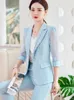 Frauen Zweiteilige Hosen Frühling Sommer Büro Damen Hosenanzug Frauen Blau Weiß Halbarm Business Arbeitskleidung Blazer und Hose Formal 2