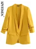 Abiti da donna Blazer KPYTOMOA Moda donna Abbigliamento da ufficio Blazer di base Cappotto Tasche a maniche lunghe pieghettate vintage Capispalla femminile Chic Top 230302