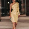 Casual Dresses Sexy Women One-Shoulder Sequin Party Dress Elegant Long Sleeve Glitter Mini 2023 Fashion Shiny Slim Lady Bodycon