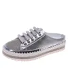 Dress Shoes 2022 New Flat Platform Half Slippers Women Summer Couple Bling Mules Crystals Lace-up Shoes Slides Plus Size 42 43 L230302