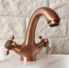 Bathroom Sink Faucets Antique Red Copper Brass Single Hole Deck Mounted Double Handles Vessel Basin Faucet Mixer Water Taps Mnf390