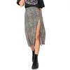 Womens Leopard Print Long Skirt High Waist Slit Hip Mid Length A Line