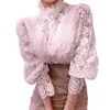 Kvinnors blusar vintage skjortor Kvinnors solida färg Vit ihåliga Pearl Button Kvinnliga toppar Lace Korean Loose Casual Office Ladies