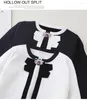 Women's Jackets Autumn Design Women's O-neck Long Sleeve Black White Color Block Bow Patchwork Knitted Sweater Cardigan Short Coat SML