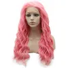 Peruca rosa ondulada longa meia mão amarrada a calor amigável para cabelos sintéticos Lace Front Wig para festa de cosplay