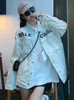 여자 재킷 2023 스프링 한국 버전 느슨한 흰색 가짜 데님 롱 슬리브 재킷 여자 디자인 편지 고급스러운 레이디 긴 슬리브 버튼 탑 230302