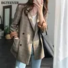 Женские костюмы Blazers Vintage Plaid Double Breads Women Blazer Негабаритный полной рукав сетка.