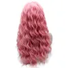 Peruca rosa ondulada longa meia mão amarrada a calor amigável para cabelos sintéticos Lace Front Wig para festa de cosplay