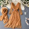 Casual Dresses Design Women Chiffon Dress Autumn Retro Puff Sleeve V Neck Elegant Solid Silk Scarf Korean A-Line Holiday