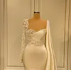 Robes de bal sirène élégantes une manche longue col en V cape appliques paillettes longueur de plancher célébrité dentelle satin perles robe de soirée robes de mariée plus la taille sur mesure