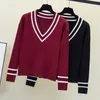 Kadın Sweaters İnce V-Gutt Stripe Tükerleleri Kadınlar Rahat Yüzyeli Patchwork Kadın Büyük Boyu Kore Stil TOPLAR MUJERWOMEN '