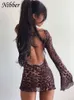 الفساتين غير الرسمية Nibber Party Night Sexy Leopard Leopard Backless انظر من خلال ملابس ملابس ملهمة ، ملابس مزدحمة ، دانتيل ، شارع Bodycon Mini Street 230302