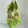 Novas sandálias de salto alto de cristal decorativas de verão, designer de luxo, sapatos de festa de casamento ocos sexy, 9,5 cm, malha de couro, biqueira quadrada, sapatos femininos de renda, tamanho 43