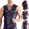 Men's Tank Tops Wet Look Fetish Bondage Tee Men Sexy Faux Leather Solid Nightclub Stage Performance T-Shirt Lingerie Costum A50