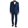 Summer Navy Blue Mens Tuxedos Beading sjal Lapel skräddarsydd brudgum Party Prom Coat Business Wear Outfit 3 stycken