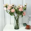 Dekorativa blommor konstgjorda 3 huvud rosor faux torkad lång stam riktig beröring livlig silke för hem bröllop dekorationer