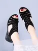 Women Sandals Comfortable Crystal Wedges High Heels Hollow Out Zipper Shoes Flat Stylish 32996