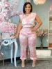 New Women Fashion Two Piece Pant Sets Short Sleeve Crew Neck Print Top and Skinny Pants Flower Printing African Female Sexy Suits Set SE1