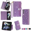 Rope Folio Glitter Zipper Phone Cases for iPhone 14 13 12 Pro Max Samsung Galaxy Z Folding Fold3 Fold4 S23 Ultra S22 S21 Plus Sparkle Leather Wallet Chain Bracket Shell