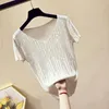 Women's T Shirts Women 2023 Summer Knitted Shirt Female Fashion Casual Slim V-Neck Ice Silk Top Short Sleeve Chic Femme Clothes E36