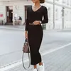 Vestidos casuais vestido malha moda outono inverno mulheres elegantes com nervuras sólidas maxi slim sweater