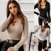 Women's Tops&Tees Retro style design sense V-neck slim-fit Knits flared sleeve knitted sweater Solid color chain decoration sexy long sleeved flared sleeve sweater