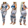 New Women Fashion Two Piece Pant Sets Short Sleeve Crew Neck Print Top and Skinny Pants Flower Printing African Female Sexy Suits Set SE1