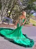 Sparkly Green Crystals Prom Dresses Feathers 2023 Rhinestones Sexy Mermaid Birthday Party Evening Gowns Robe De Bal 322