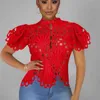 2023 Zomer Vrouwen Kleding Luxe Tops Gat Slanke Sexy Hoorn Mouw Stand Kraag Ademende Nachtclub Kleding Enkele Blouses