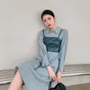 Abiti per feste Zcsmll Blue Vintage Dress Women Wort-Down Collar maniche lunghe Frump Fring Summer Fashi