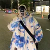 Men's Down Winter 2023 Tie Dye Printing Leisure Hooded Wool Collar Cotton Coat Thickened Windproof Clothes Plue Size M-5XL