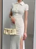 Party Dresses 2023 Summer Split Oregelbundet Robe Korean Topps Chinese Style Elegant Solid Color Slim Maxi Long Dress Y216