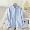 Women's Blouses Shirts Cotton Women's Oxford Shirt Autumn Ladies Casual Blouse and Tops College Style Lady Blue White Striped Shirts Clothes 230302