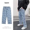 Men's Jeans Jacquard Jeans Blue Mens Loose Straight Leg Long Pants Streetwear Baggy Denim Clothing Graphic Streetwear Baggy 230302