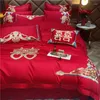 Set di biancheria da letto Red Luxury Gold Phoenix 4/6 Pcs Ricamo Set di cotone da sposa cinese Copripiumino Copripiumino Lenzuolo Federe