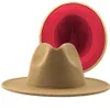 Tendencia bronceado con remiendo de fondo rojo fieltro de lana liso Jazz Fedora sombreros hombres mujeres ala ancha Panamá Trilby gorra de vaquero para fiesta 210623208Y