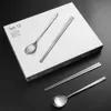 Dinnerware Sets 12pcs Korean Stainless Steel Food Chopsticks Spoon Set Long Handle Nonslip Dessert Spoons Kitchen Gift 230302