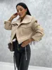 Damesjassen Hirigin Dames Winter Faux Leather Leer Lapel Rapel Fleece Linnen Coat Zip Up Motorfiets Warm Sherpa Outswear 230301