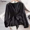 Chemisiers pour femmes Chemises L-4XL Blouses Femmes Élégant Solide Noir Col En V Conception Bouton Arc Chemises High Street Mode Mince À Manches Longues Tops Lady Vêtements 230302