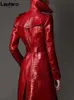 Kvinnorjackor Lautaro Autumn Long Red Print Leather Trench Coat for Women Belt Double Breasted Elegant British Style Fashion 230302