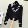 Kadın Sweaters İnce V-Gutt Stripe Tükerleleri Kadınlar Rahat Yüzyeli Patchwork Kadın Büyük Boyu Kore Stil TOPLAR MUJERWOMEN '