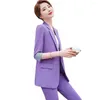 Damen Zweiteilige Hose Sommer Damen Hosenanzug Lila Grün Rosa Blazer Formal 2 Set Damen Büro Business Arbeitskleidung Jacke und Hose