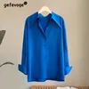 Kvinnors blusar skjortor koreanska mode enkla kontor lady affärer casual retro knapp upp skjorta elegant lös långärmad solid blus topp kvinnor blues 230302