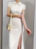 Party Dresses 2023 Summer Split Oregelbundet Robe Korean Topps Chinese Style Elegant Solid Color Slim Maxi Long Dress Y216