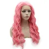 Long Wavy Pink Wig Half Hand Tied Heat Friendly Synthetic Hair Lace Front Wig For Cosplay Party