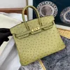 Bolsa de avestruz bolsa platina em casa feita de cera de cera Handmada costura BK25 Skin Skin Lemon Buckle Handheld Leather feminino genuíno de couro genuíno