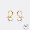 Stud Earrings Trendy Minimalist Real 925 Sterling Silver Mini Bow Pearl For Women Student Teen Jewelry Gift