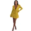 Robes Décontractées Robe De Cocktail Mince En Mousseline De Soie Jaune Plissée Manches À Volants Mini Asymétrique Sexy Soirée Élégante Courte