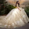 2023 Sexy Ball Gown Quinceanera Dresses Bridal Gowns Gold Sequined Lace Tulle Off Shoulder Appliques Crystal Beads Peplum Sweet 16 Dress Sweep Train Tiered