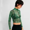 Women's Blouses Green Snakeskin Print Mesh Top E-girl Women Y2K Outfit Stretchy High Neck Long Sleeve Crop Blouse